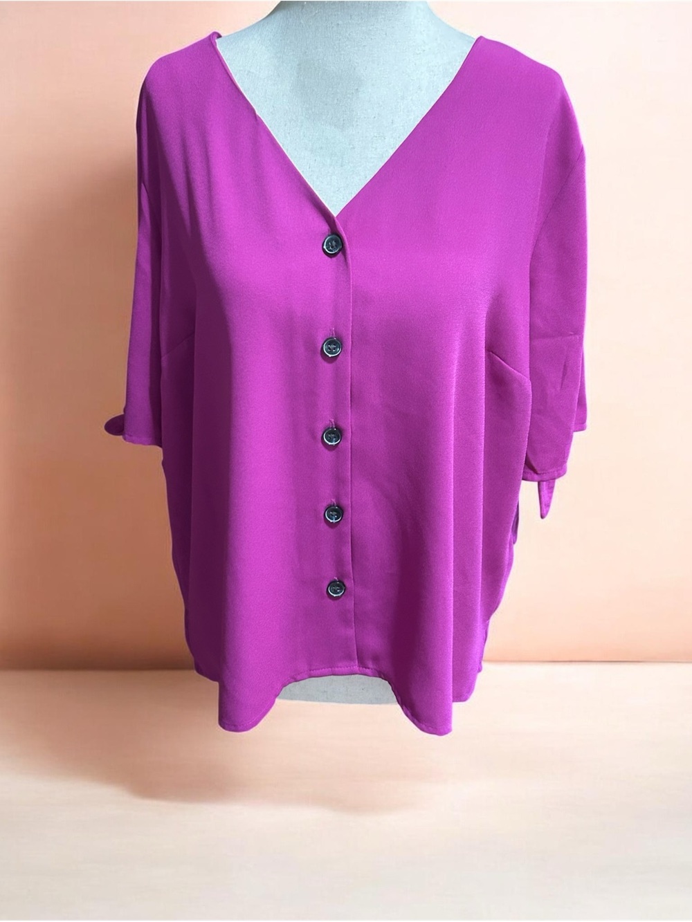 Apt. 9 Magenta Button-Front V-Neck Blouse With Tie Sleeves Size Large